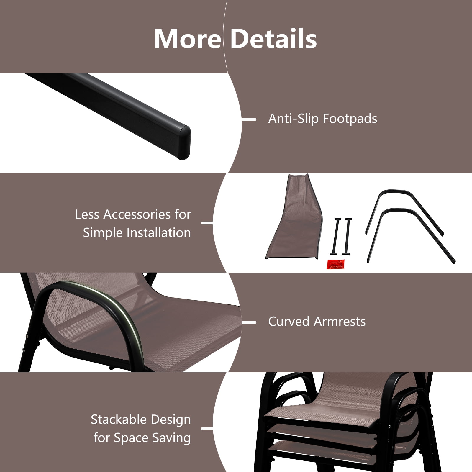 Costway Set of 4 Patio Dining Chairs Stackable Armrest Space Saving Garden Black & Brown