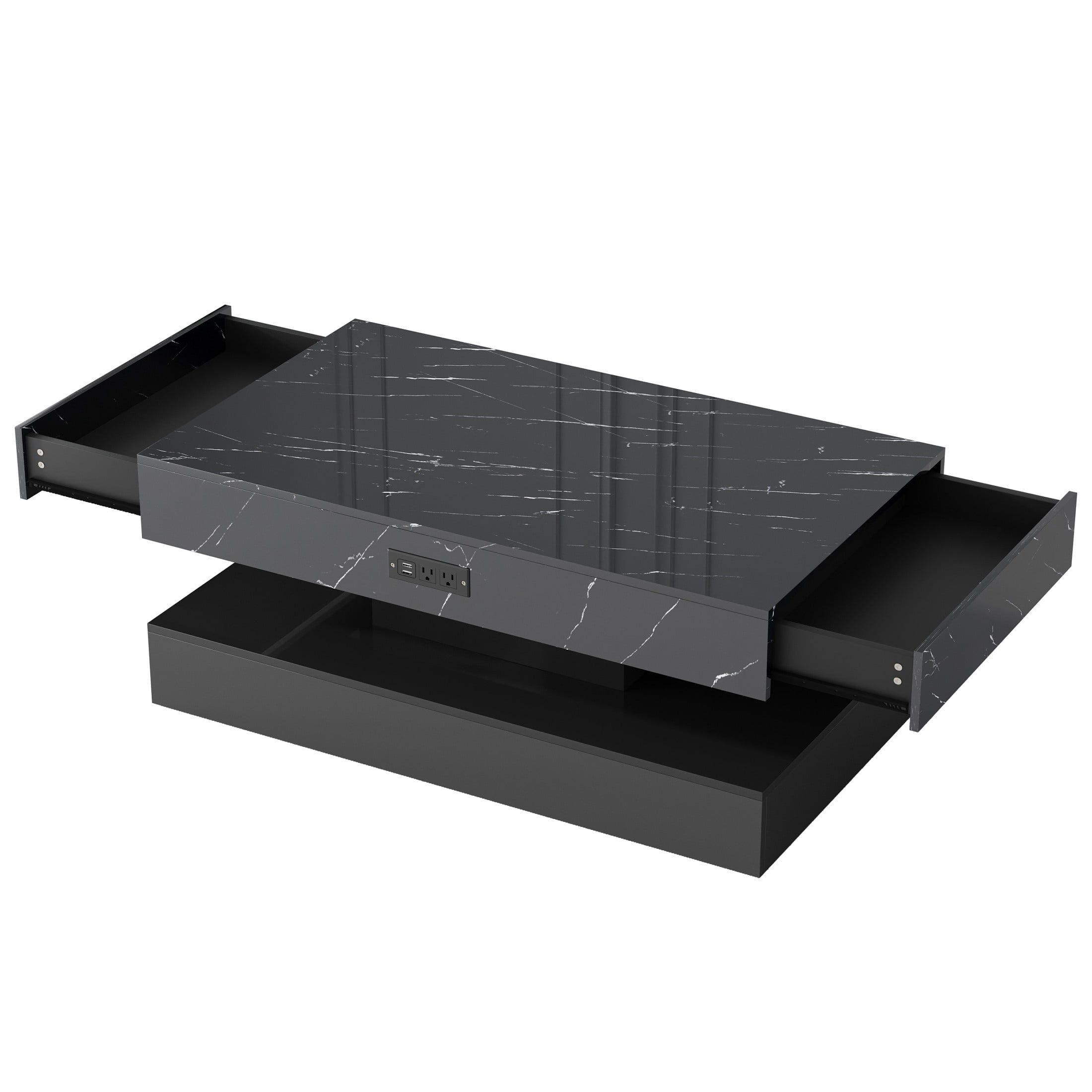 SESSLIFE Large Black LED Coffee Table with 2 Storage Drawers, Charging Station, Modern High Gloss Coffee Table w/LED Lights/APP Control, 2 Tiers Rectangle Living Room Furniture w/Marbling Print 47.2"