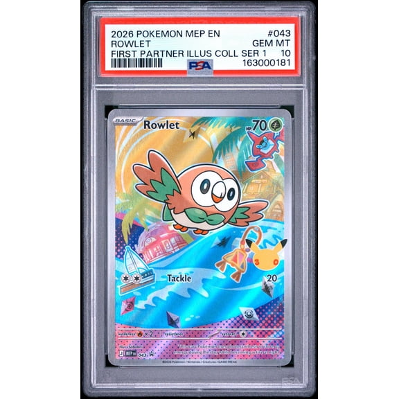 Collectible 2026 Pokemon Black Star Promo Mega Evolution First Partner Illustration Collection Series 1 Rowlet #043 PSA 10