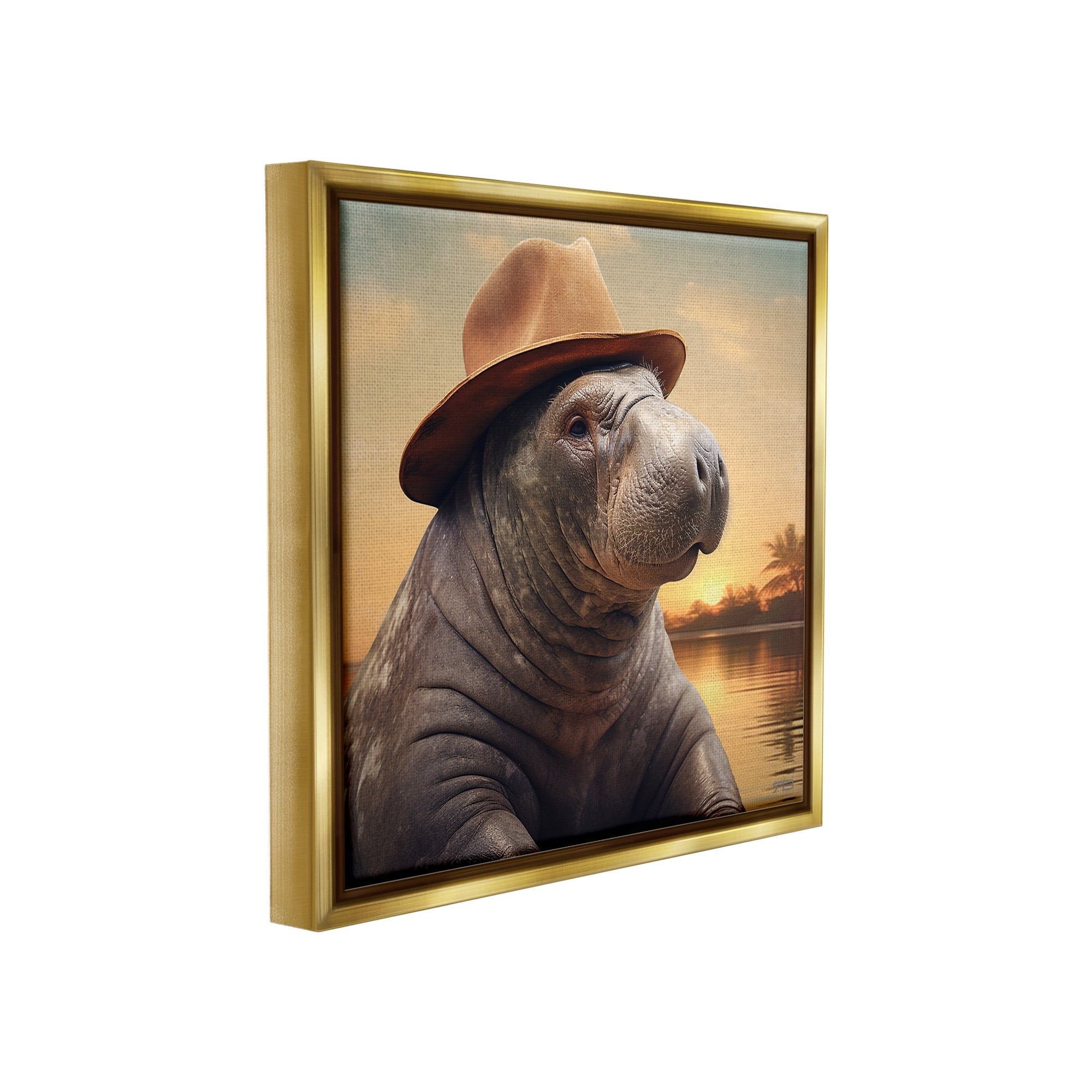 Stupell Industries Tropical Manatee at Sunset Animals & Insects Painting Gold Floater Framed Canvas Art Print Wall Art, 25 x 25