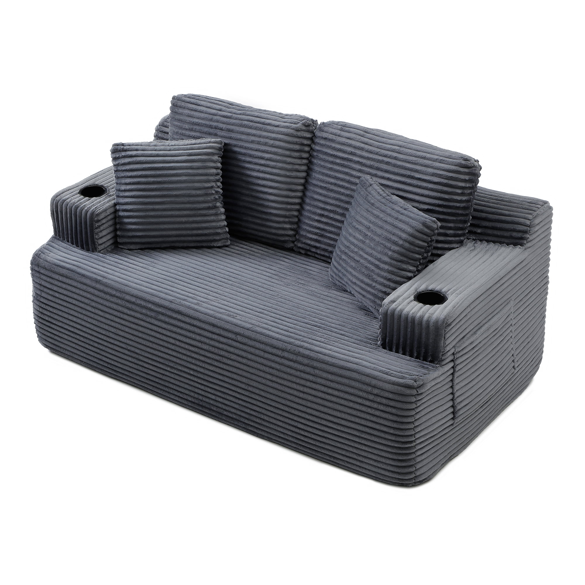 Boneless Loveseat, 2-Seater Floor Couch with Cup Holders and Side Pockets, Corduroy Fabric No Assembly Sofa for Small Space or Apartment, 66.5 Inch, Grey
