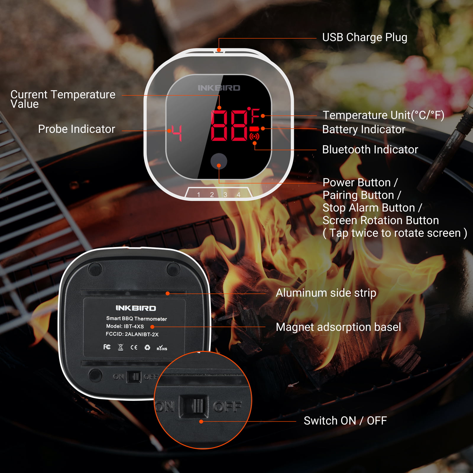 Inkbird Digital Wireless Meat Thermometer Bluetooth Grill Thermometer IBT-6XS