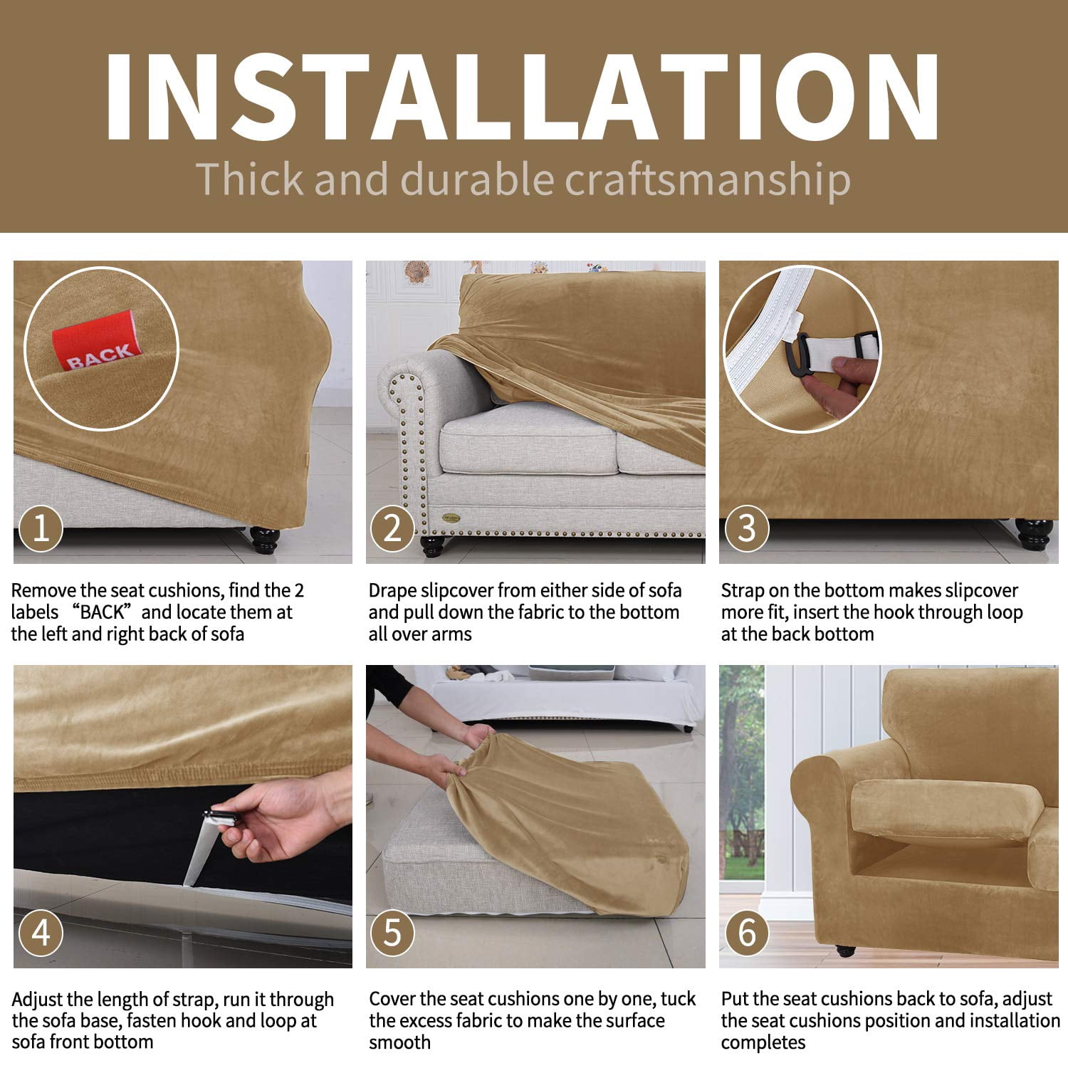 JIATER 2-Piece Armchair Sofa Cover Stretch Couch Cover Velvet Sofa Slipcover Furniture Protector with 1 Cushion Cover,Camel
