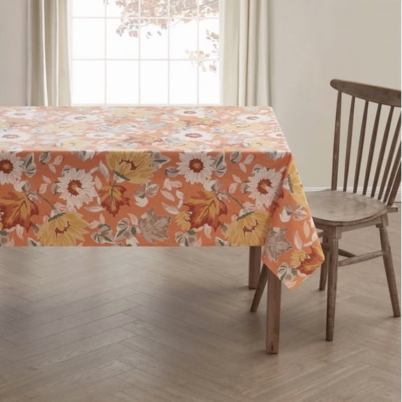Serafina Home Autumn Thanksgiving Sunflower Fall Vinyl Flannel Backed Tablecloth On Orange Background- Rustic Farm With Backing Reusable 52" x 70"