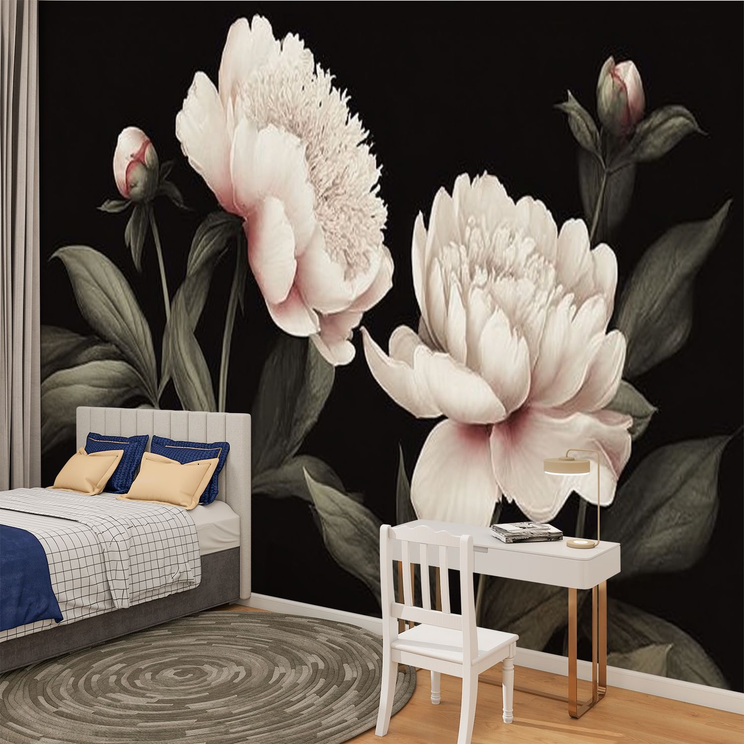 Peel and Stick Wallpaper Black Vintage Dark Contact Floral Peonies Buds Leaves Stems Petals Modern Art Wall Mural Decor Self Adhesive and Removable 100in x 144in