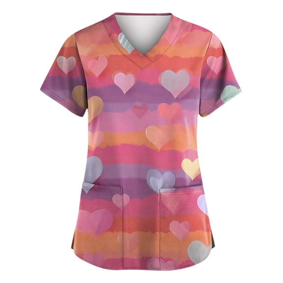 Lumtrix Valentines Day Scrub Tops Women Plus Size Stretch V Neck Short Sleeve Shirt Soft Side Slit Nursing Uniform with Pockets Multicolor 4XL