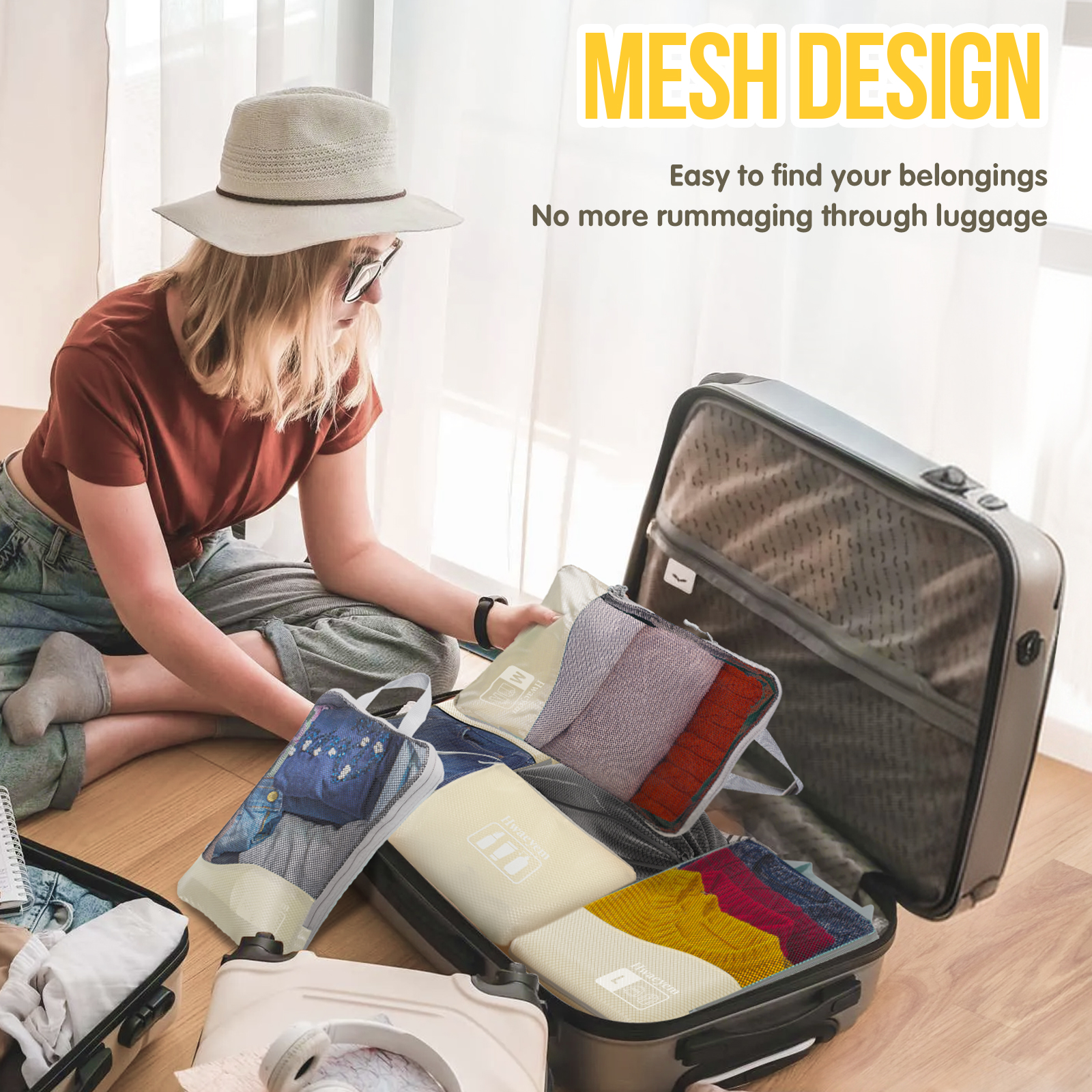 Compression Packing Cubes 8 Set, Dual Zipper Compression Packing Cubes for Travel, See-Through Mesh Packing Bags for Suitcases, packing cubes with shoe bag (Beige)