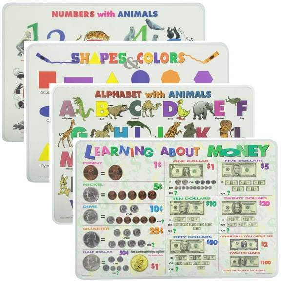 Painless Learning Educational Placemats Sets Learning About Money, Shapes and Colors, Alphabet with Animals and Numbers with Animals Placemat Non Slip Washable