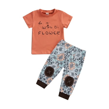 

Karuedoo Infant Baby Girl Clothes Short Sleeve Letter Print Tops+Floral Patchwork Long Pants Outfits Orange 6-12 Months