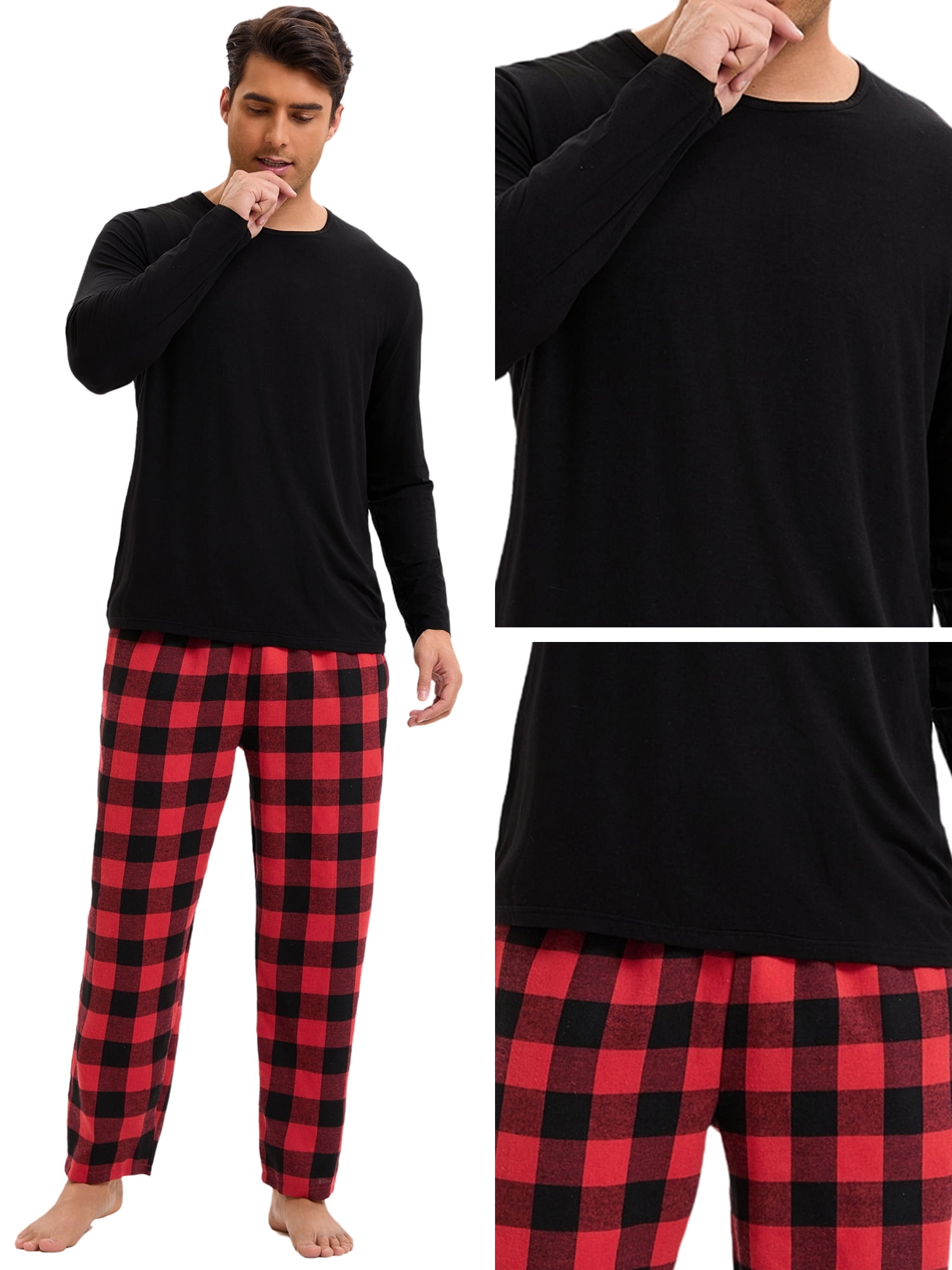DARING DIVA Men's 2-Piece Long Sleeve Solid Nightwear Plaid Pants Set XL Black Red