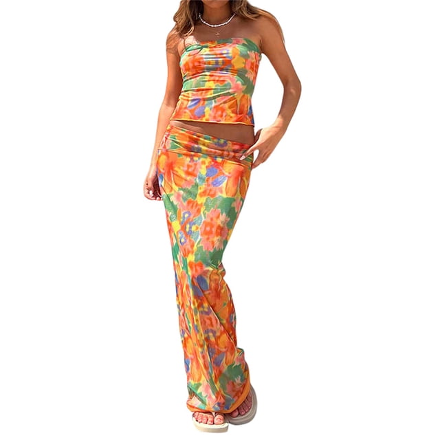 Fortune Women Colorful Floral Sleeveless Tube Tops Bodycon Long Skirt 2Pcs Set