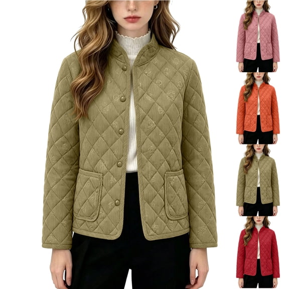 Quilted Jacket for Women Button Down Crewneck Lightweight Casual Coat Stylish Cozy Fall Outdoor Travel Hiking Quilted Jacket with Pockets