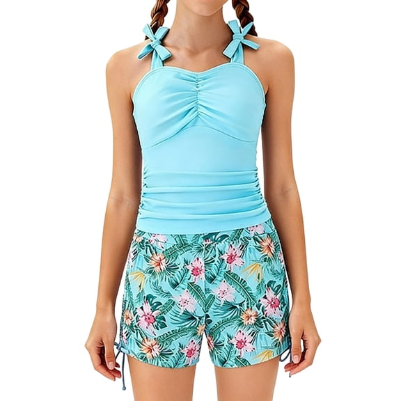 Big Girl Swimwear Sets Tankini 2 Piece Ruched Tie Straps Swim Shorts 7 16Y Girls Clothing,Blue,12Y