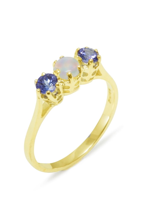 LBG British Made 10k Yellow Gold Natural Opal & Tanzanite Womens Anniversary Ring - 33 size options - Size 12