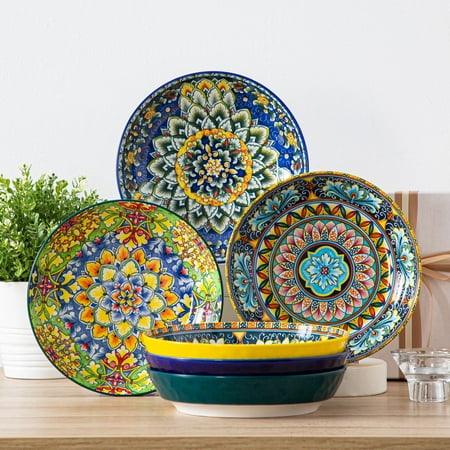 Malacasa 32oz Pasta Bowls, Porcelain Salad Bowls Set of 6, Dishwasher and Microwave Safe, Bohemian Color A