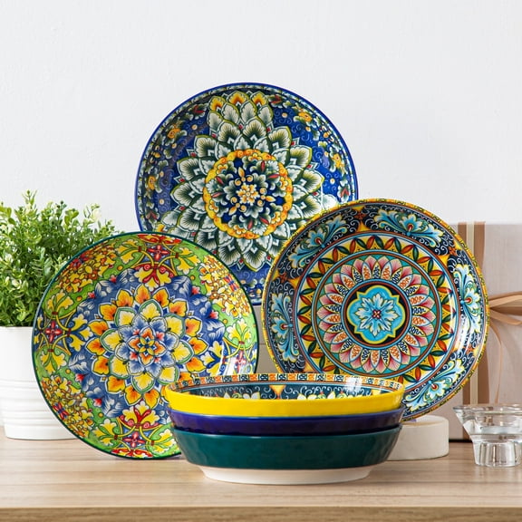 Malacasa 32oz Pasta Bowls, Porcelain Salad Bowls Set of 6, Dishwasher and Microwave Safe, Bohemian Color A