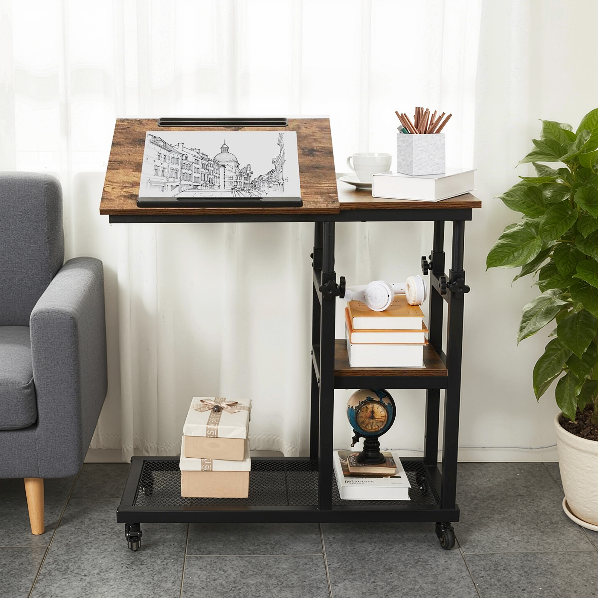 MAYEERTY Mobile C End Table, 26"-34.5" Height Adjustable Couch Snack Table