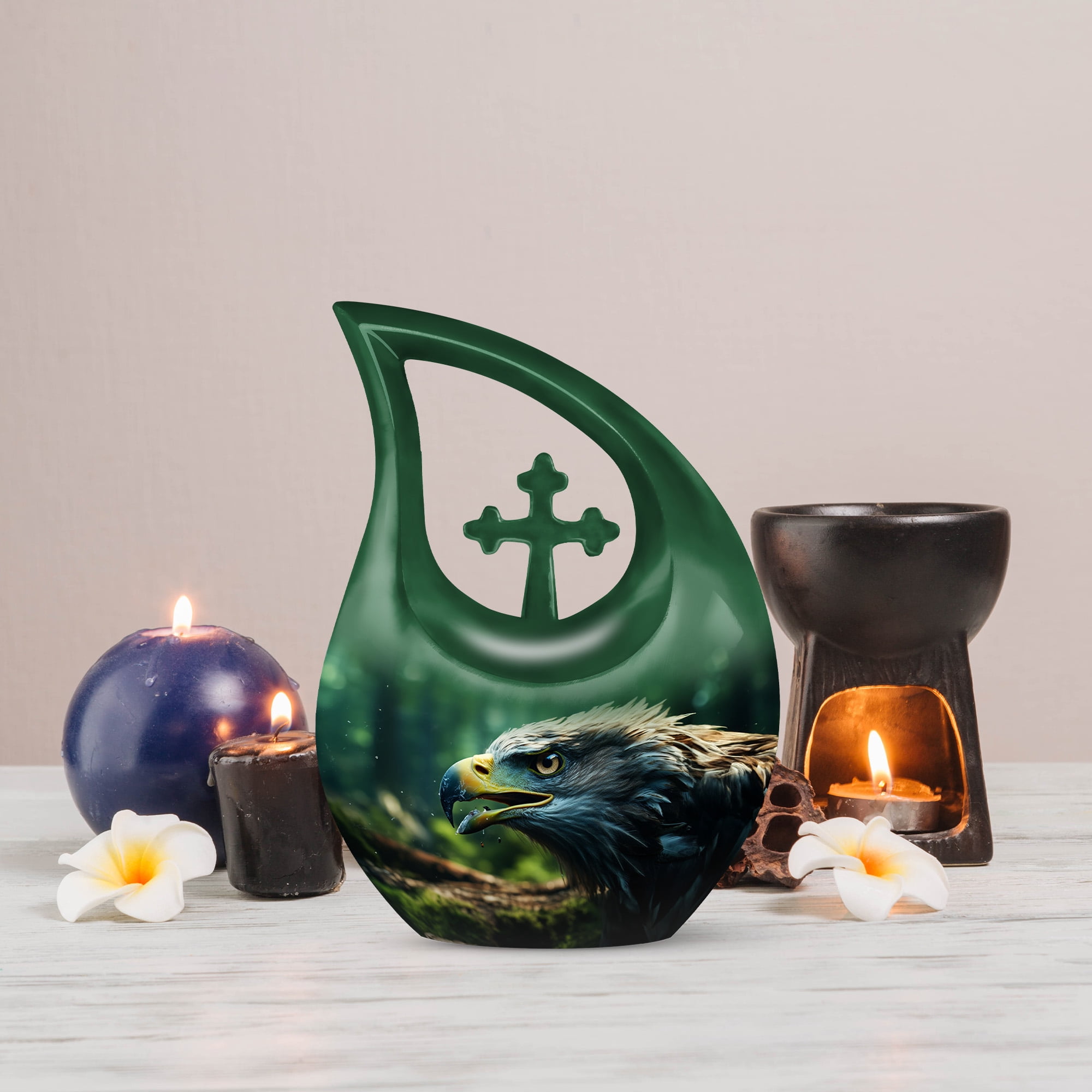MUKTIVE Eagle Cremation Urns for Ashes for Men and Women - Large Cross Drop Burial Urn for Human Ashes - Green Funeral Urn with Lid - Memorial Gifts for Loss of Mom and Dad, 10 Inch
