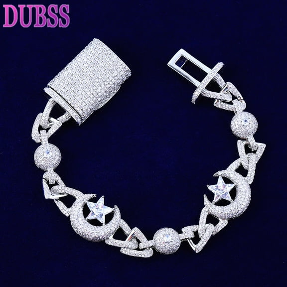 DUBSS Iced Out Moon Star Cuban Link Bracelet for Men Real Copper Cubic Zirconia Hip Hop Jewelry