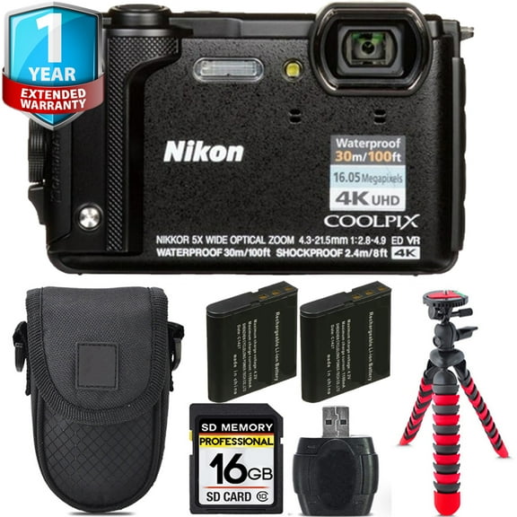 Nikon COOLPIX W300 Camera (Black) Extra Battery 1 Yr Warranty Case -16GB (International Version)