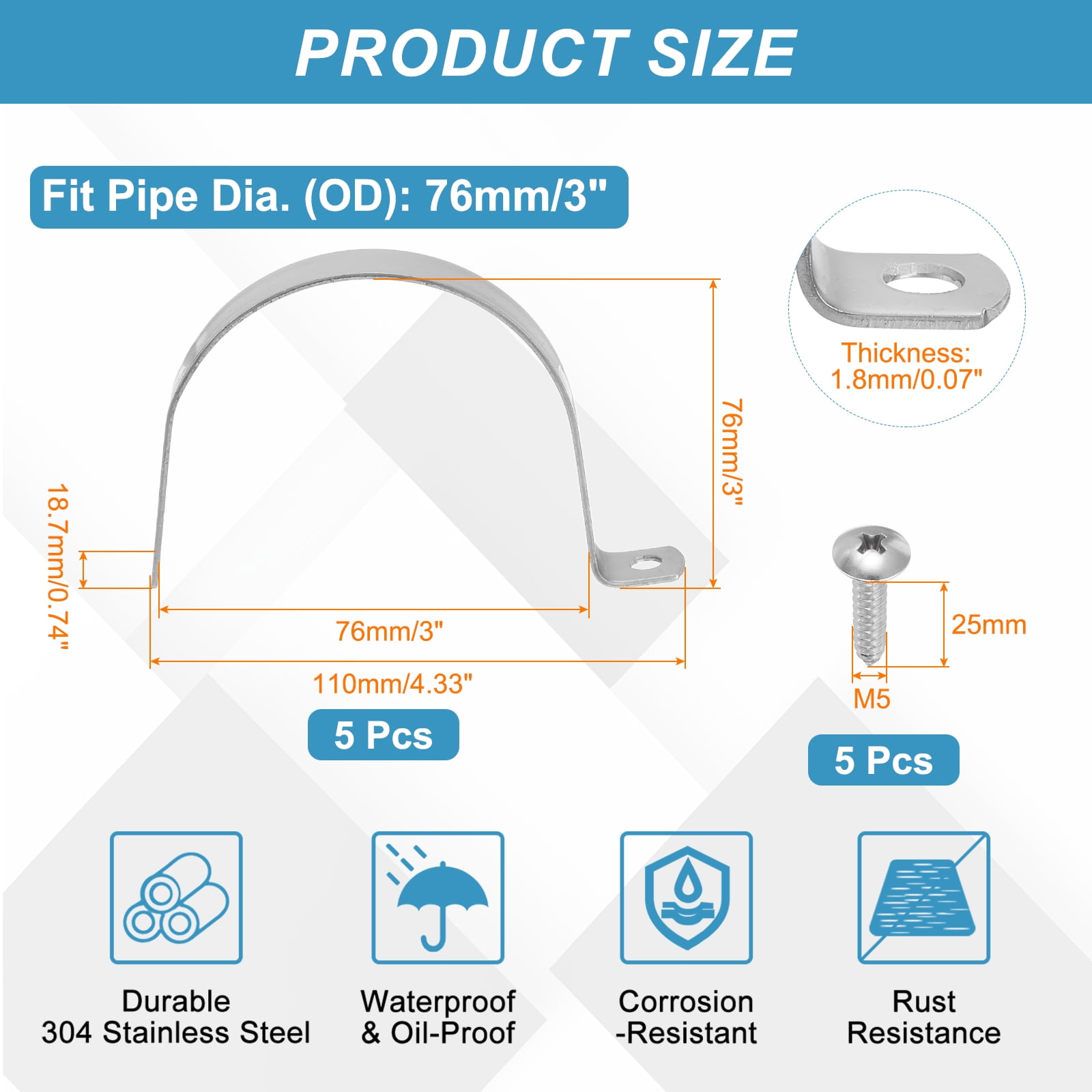 5Pcs 3" Pipe Strap, 1 Hole Pipe Clamp 304 Stainless Steel Rigid Conduit Clamp U Bracket Heavy Duty with Self-Tapping Screws for Tube Installation, Silver