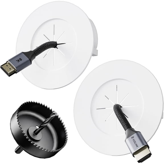 in Wall Cable Management Kit with Hole Saw Drill Attachment and Mounting Brackets, Hide TV Cords for Wall Mount, Cable Wall Plate for Network, HDMI, Coax, Speaker Cables, White, 2-Pack