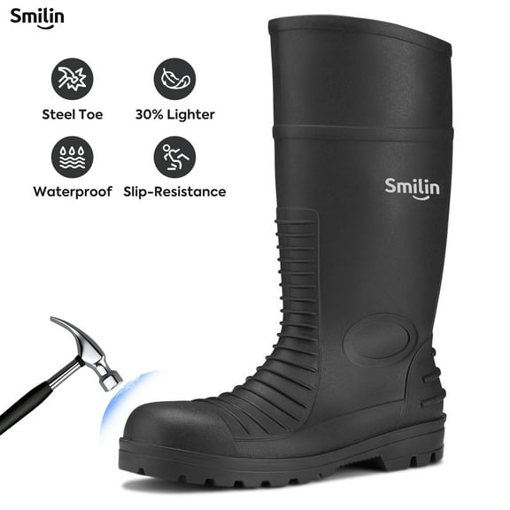 SMILIN PVC Rubber Rain Boots for Men,Steel Toe Waterproof and Slip Resistant lightweight Knee Men's Work Boots,Black,US Size 11