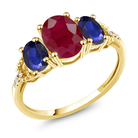 Gem Stone King 10K Yellow Gold Oval Red Ruby Blue Sapphire and Diamond Accent 3 Stone Engagement Ring for Women | 5.29 Cttw | Gemstone Birthstone | Oval 8X6MM and 6X4MM (Size 8)