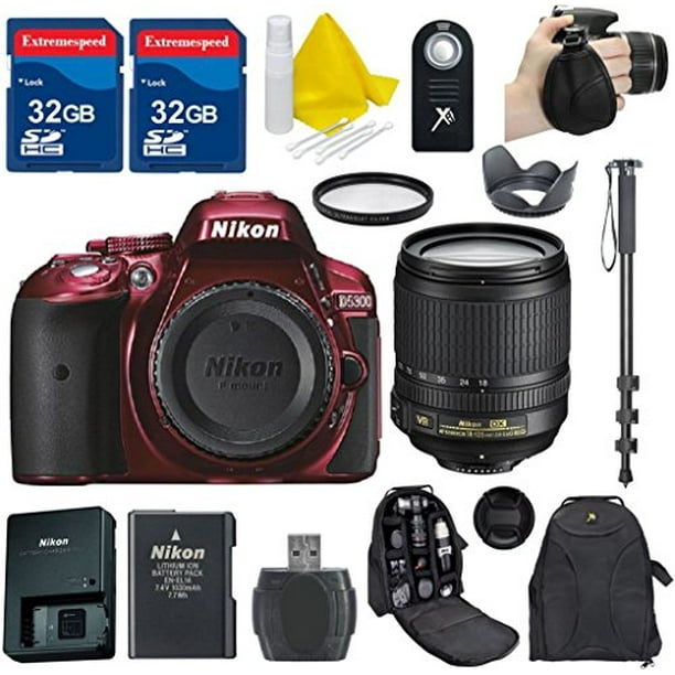 Nikon D5300 DSLR Camera Body (Red) + 18105mm VR + 2 32GB Extemespeed Memory Cards + UV Filter