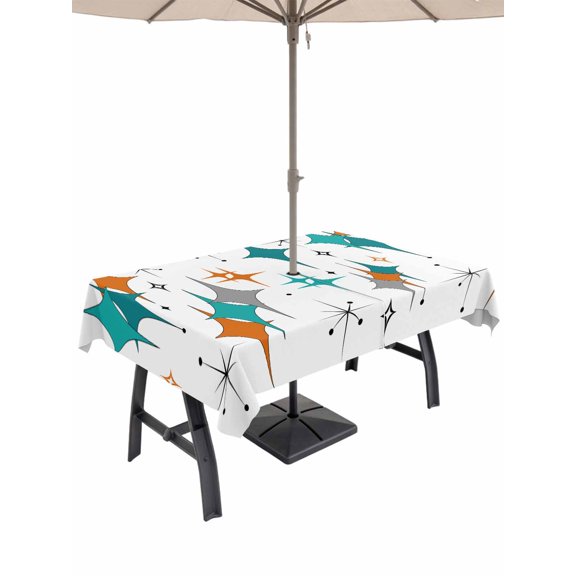 Boho Middle Century Outdoor Tablecloth with Umbrella Hole, Retro Orange Teal Grey Star Rhombus Waterproof Outdoor Table Cover, Patio Tablecloths for Party Picnic Camping, Rectangle 60"x120"
