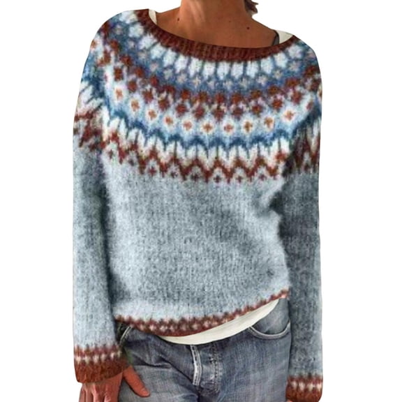 Women's Vintage Fair Isle Knitted Pullover Sweater Oversized Casual Loose Crewneck Long Sleeve Jumper Tops