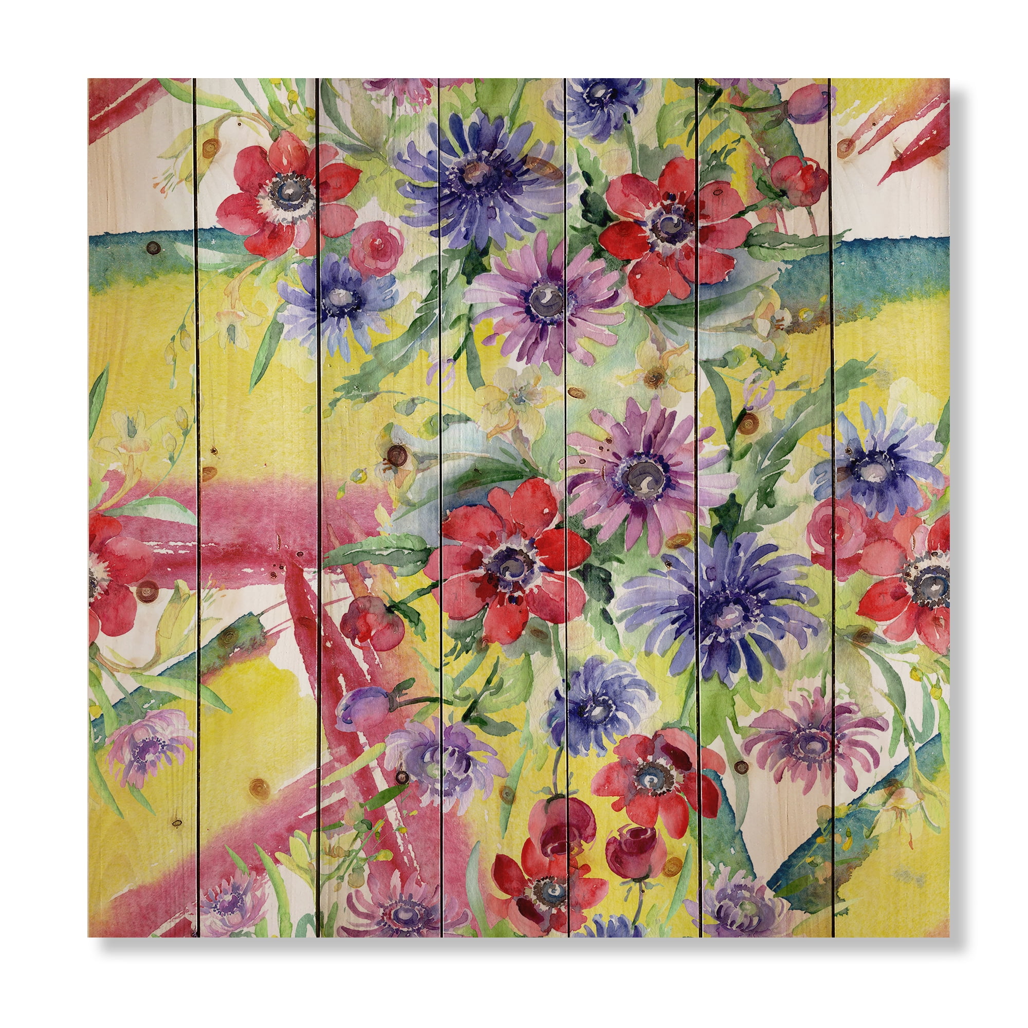 Designart 'Wildflowers and Vibrant Wild Spring Leaves V' Modern Print on Natural Pine Wood