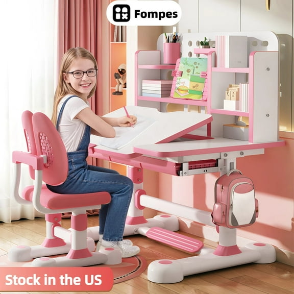 Fompes Kids Study Desk and Chair Set Height Adjustable Children's Desk and Chair Set with 50-Degree Tiltable Desktop LED Light Storage Drawer Book Stand Study Table with Chair for Bedroom Study Room