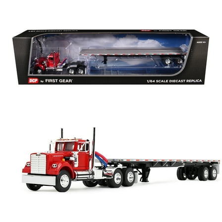 White Western Star 4900 Day Cab with 48â€™ Utility Flatbed Trailer Viper Red 1/64 Diecast Model by DCP/First Gear
