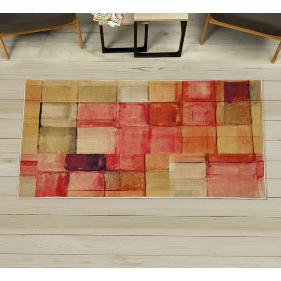 Abstract Decorative Rug, Rainbow Colored Geometric Square Shaped Blurry Effects Watercolor Design, Quality Carpet for Bedroom Dorm and Living Room, 6 Sizes, Dark Mustard, by Ambesonne