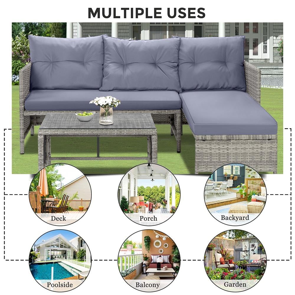 3 Piece Patio Furniture Set, All-Weather Outdoor Sectional Sofa Set, PE Rattan Conversation Set with Table & Cushions, Wicker Furniture Couch Set for Patio Deck Garden Poolside Yard