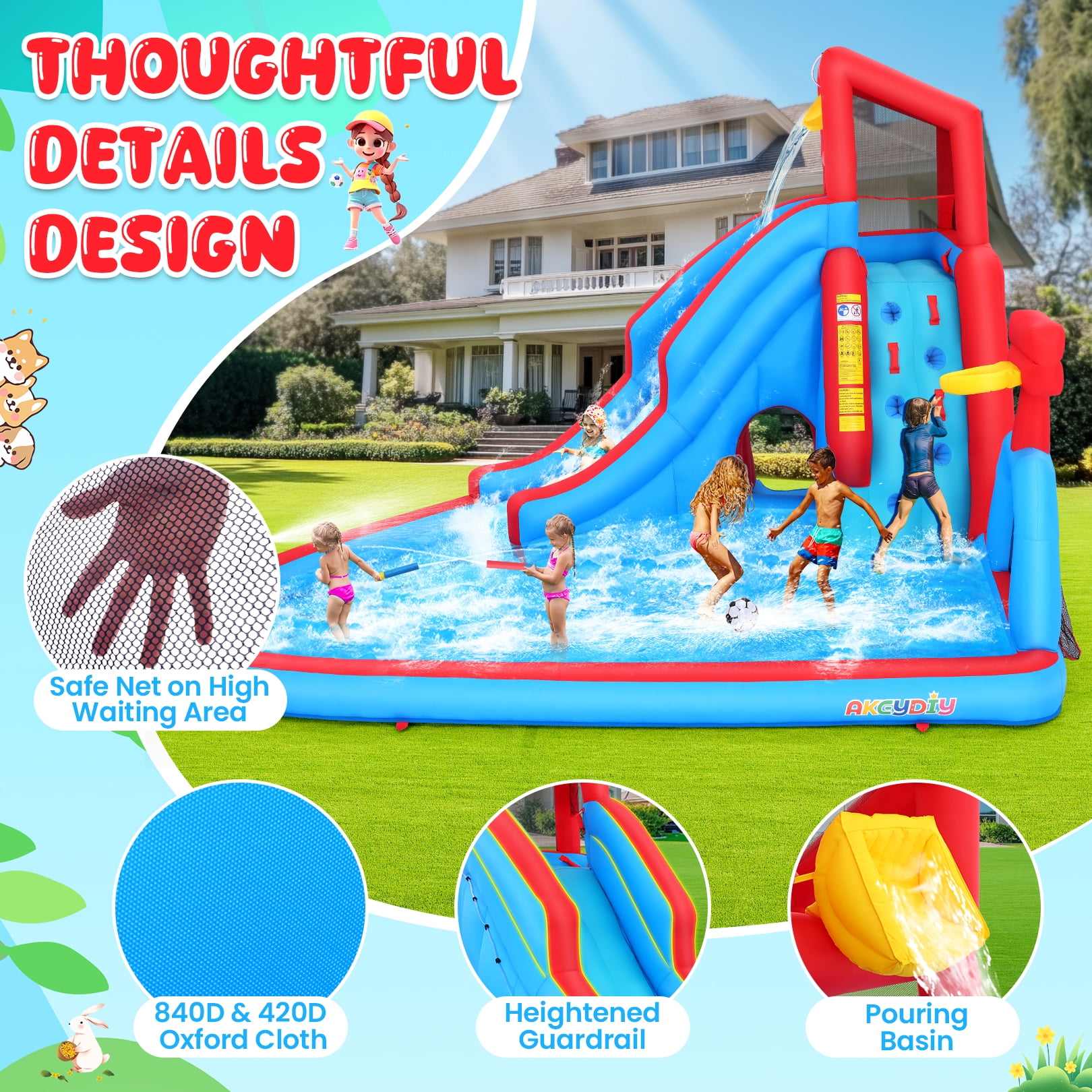 Veeboto Inflatable Water Slide with Pool, Climbing Wall, Basketball Hoop, Water Cannon, and Dump Bucket, Bounce House for Ages 3–10, Inflatable Water Park with Blower