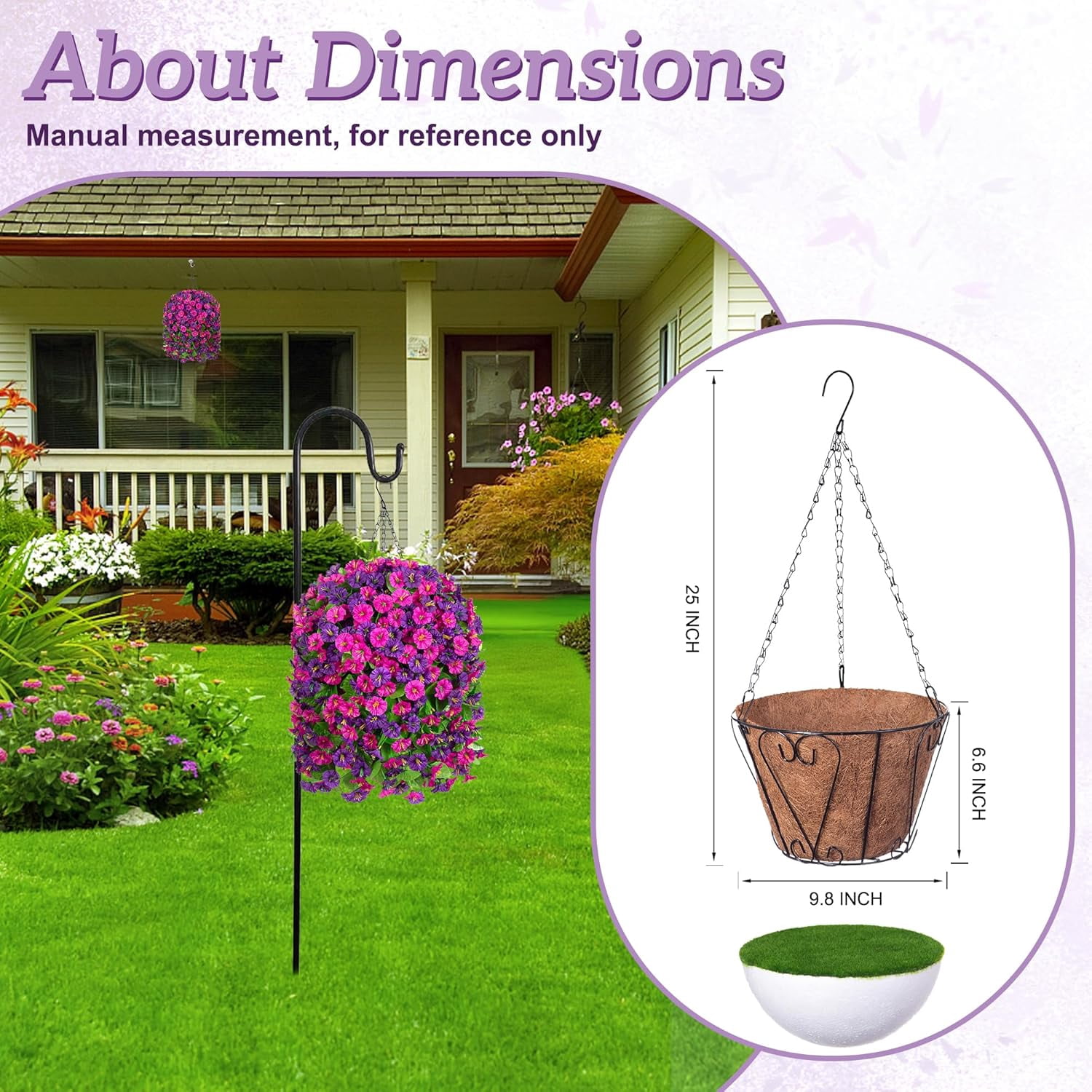 Artificial Fake Hanging Flowers Basket for Spring Decor, Faux Silk Flower in Planter for Summer, Outdoor Artificial Floral for Home Porch Yard