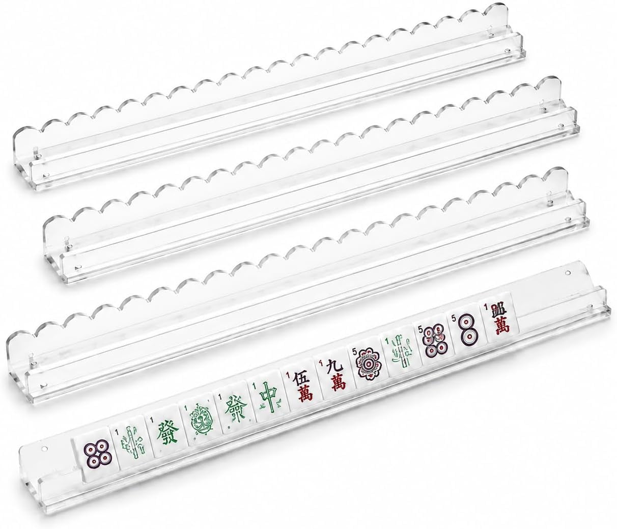 Mahjong Racks with Pushers Set of 4, Scalloped Tortoise Mahjong Racks, Fan-Shaped Acrylic American Mahjong Tile Holders with Magnetic Pushers (Tortoise Beige)