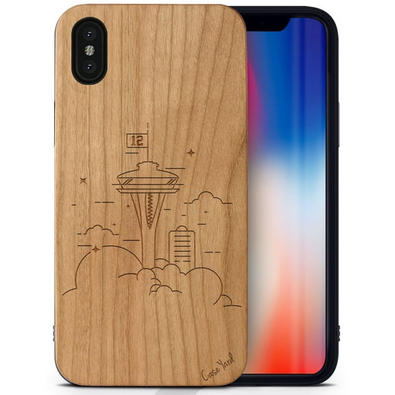 Case Yard Wooden Case Outside Soft TPU Silicone, Slim Fit Shockproof Wood Protective Phone Cover for Girls Boys Men and Women, Supports Wireless Charging Seattle 12 Design case for iPhone-XS-Max