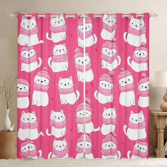 Castle Fairy White Cats Black Out Curtains,Kawaii Pet Curtains Pack of 2 (42x63 Each)