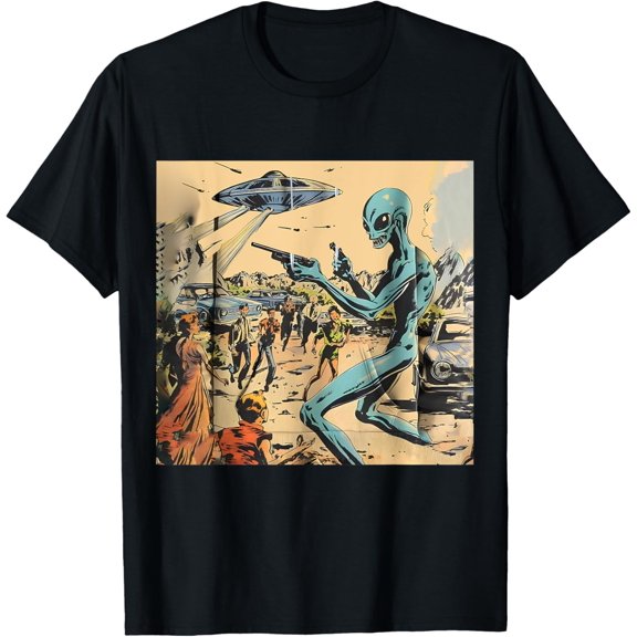 vintage ufo alien comics style sci-fi art print T-Shirt