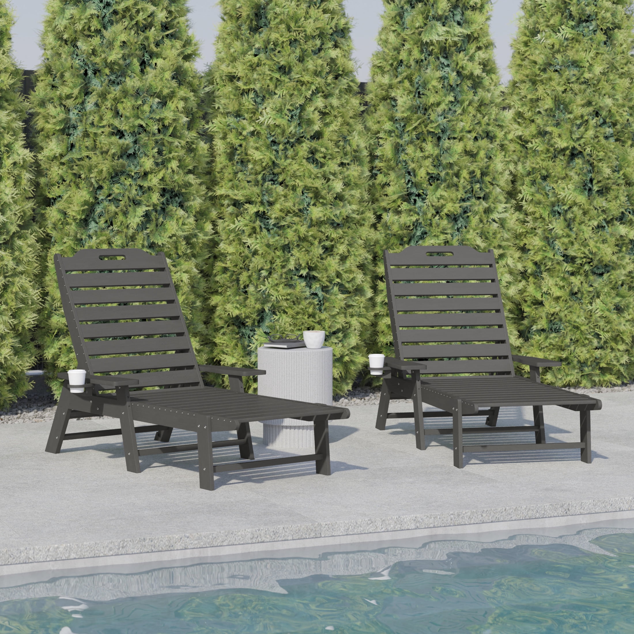 Flash Furniture Monterey Set of 2 Adjustable Adirondack Loungers with Cup Holders- All-Weather Indoor/Outdoor HDPE Lounge Chairs in Gray