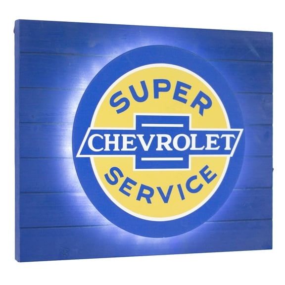 American Art Decor Vintage Chevy Super Service Metal Backlit LED Sign Wall Decor for Man Cave, Bar, Garage – Battery-Operated (15" x 18" x 2")