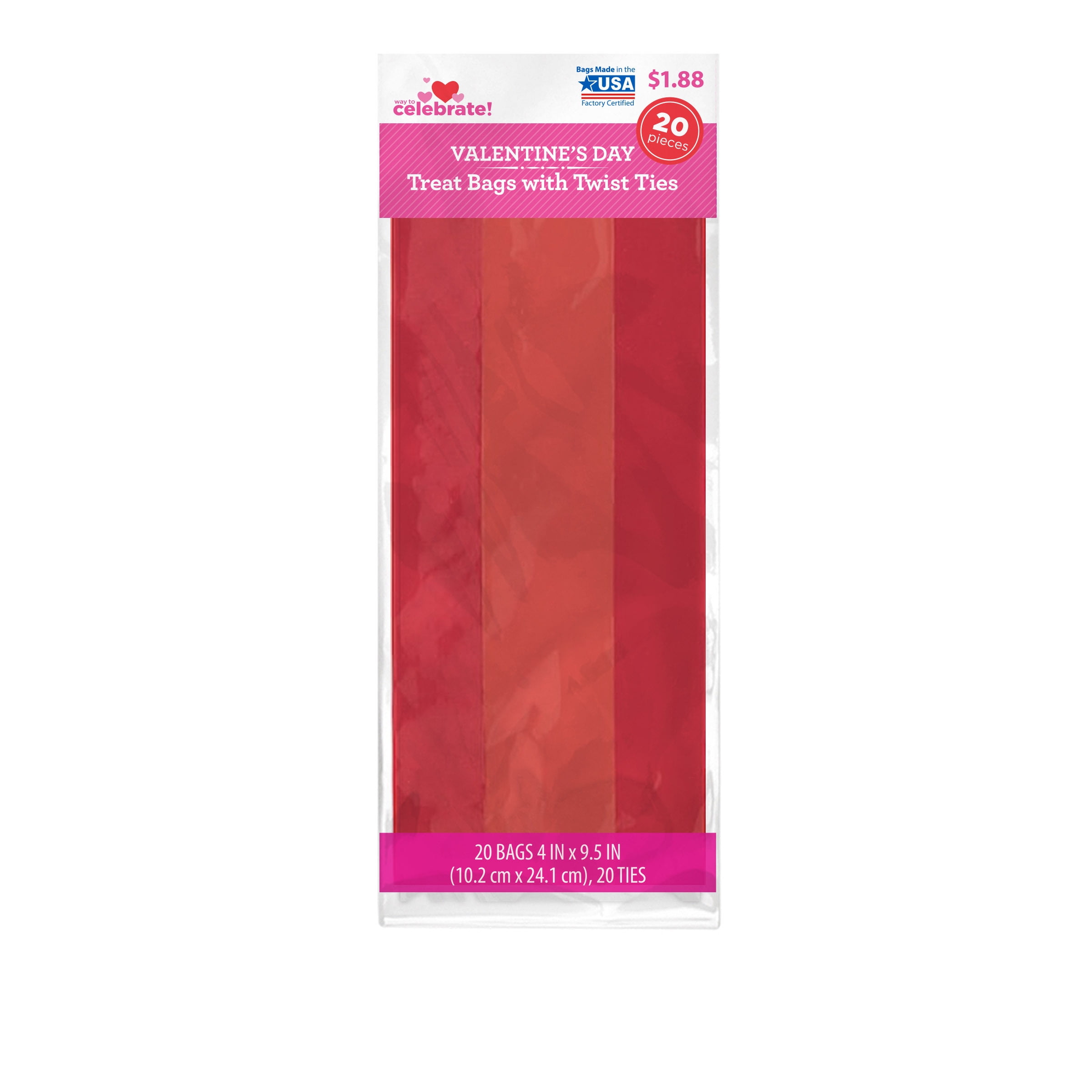 WAY TO CELEBRATE! Way to Celebrate 20ct Cello Valentines Treat Bags 4"x9.5" with 20 Red Twist Ties- Red