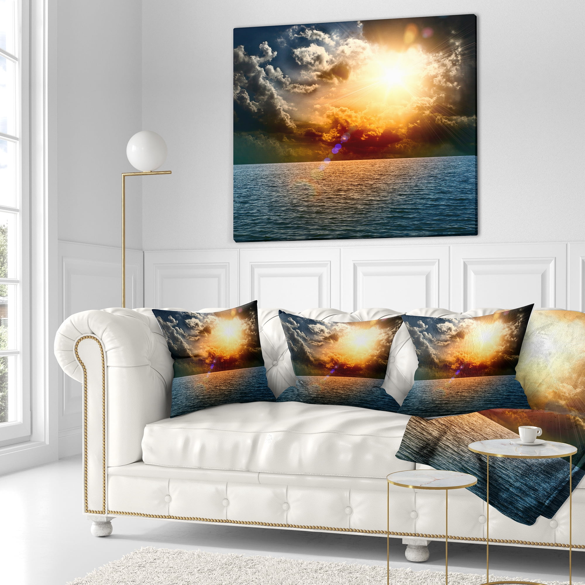 Designart Yellow Sunset in the Middle of Ocean - Beach Photo Throw Pillow - 16x16