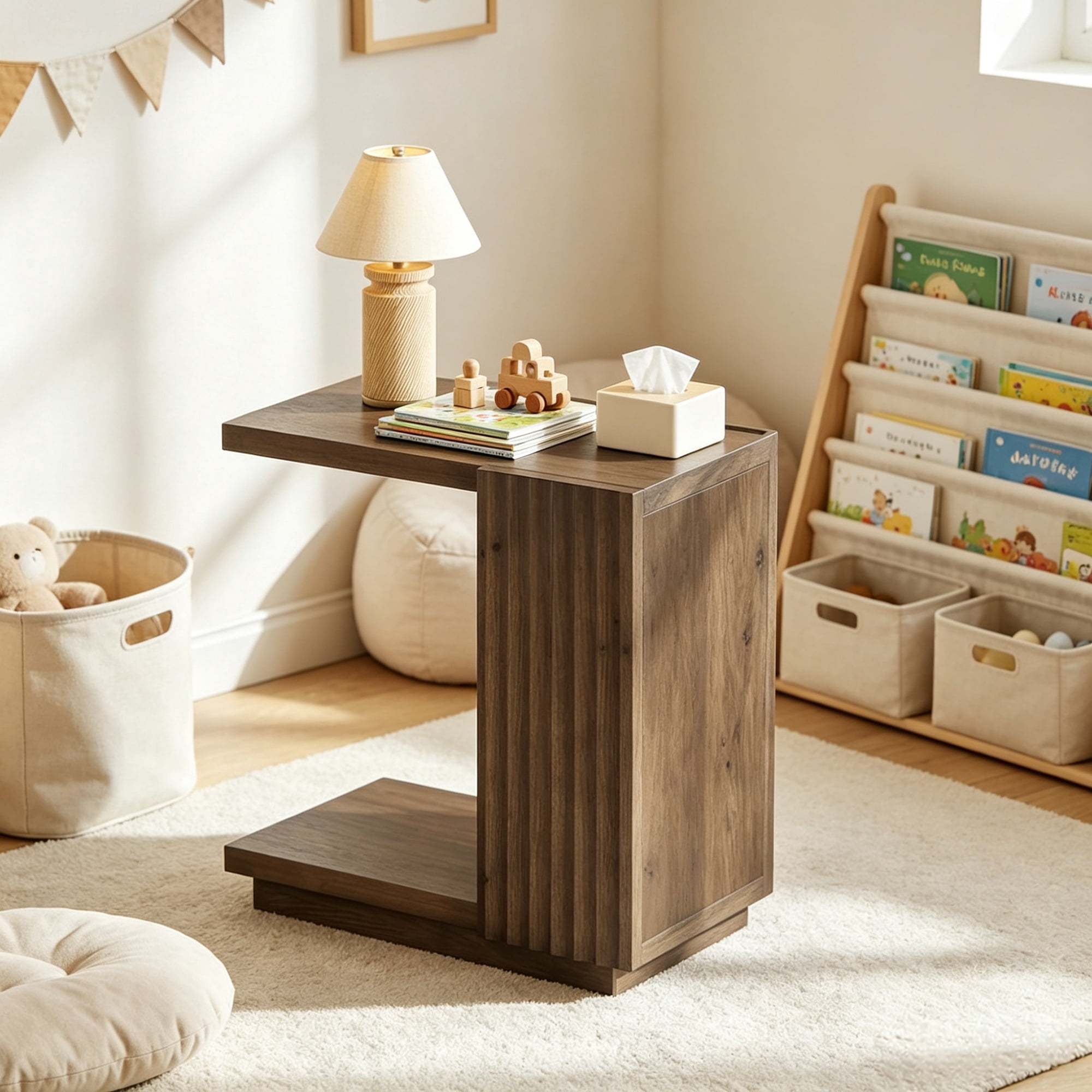C Shaped Side Table with Fluted Panels, Wood Accent Table