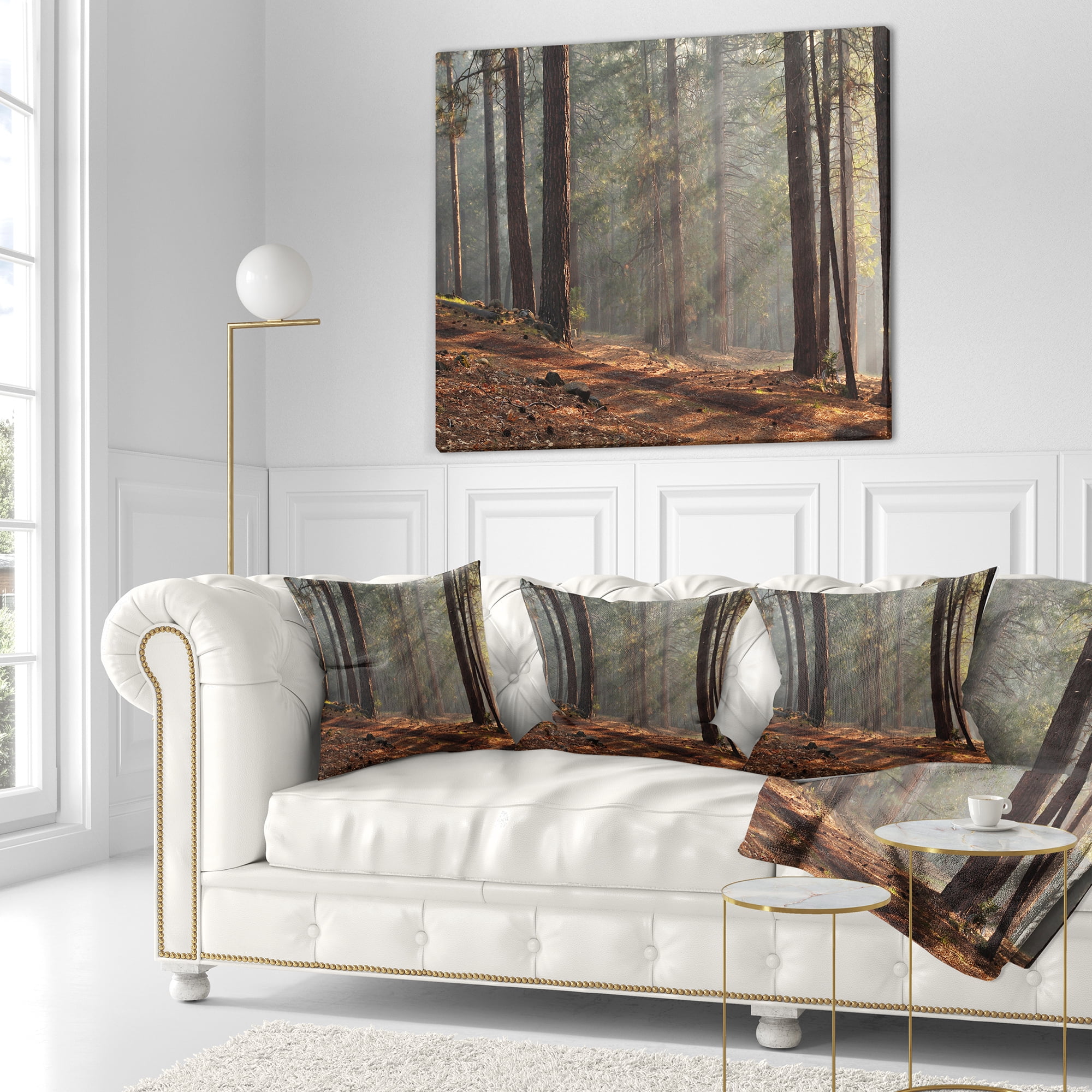 Designart Rays of Sun in Dense Forest - Landscape Photo Throw Pillow - 16x16