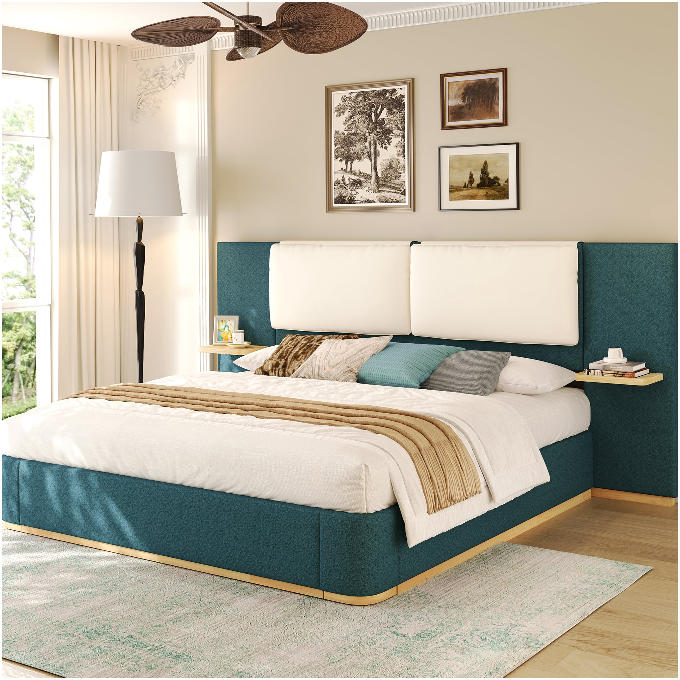 King Size Upholstered Storage Bed Frame with Headboard, Modern Platform Bed with Side Shelves, No Box Spring Needed, Green Fabric Bedroom Furniture