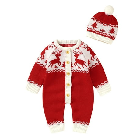 

Toimothcn Toddler Baby Kdis Sweater Cute Christmas Embroidery Knit Romper With Hat Long Sleeve Crew Neck Warm Soft Loose Fit Pullover Knitted Jumpsuit Sets Children S Winter Clothes